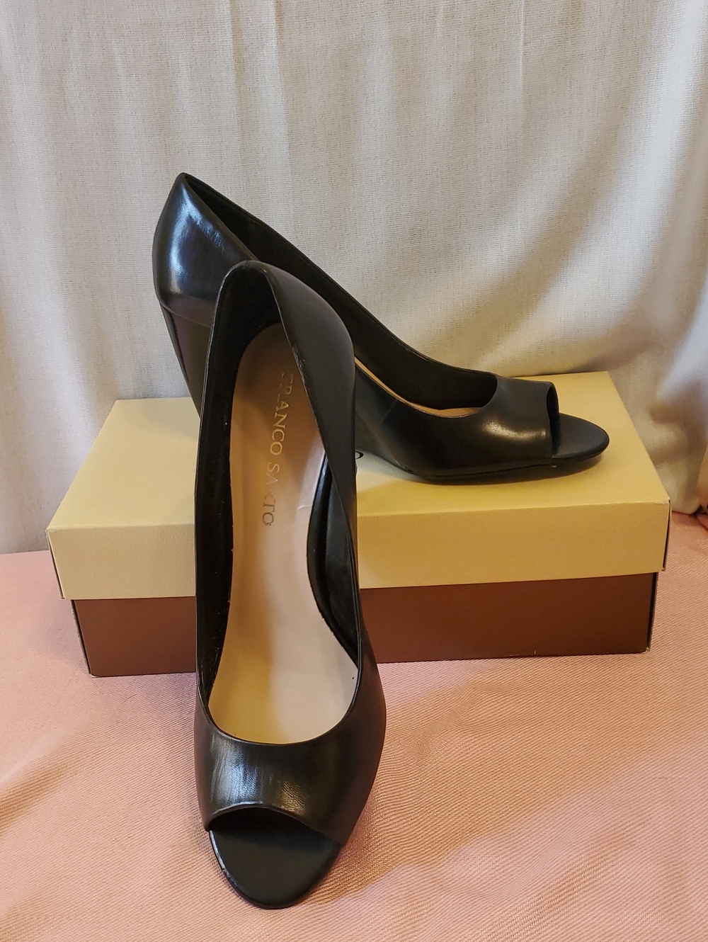 Franco Sarto Black Leather Peep-Toe Heels